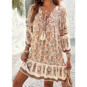 Ruched Boho Floral Tassel Dress Ruffle Hem Summer to Fall Style Natural Colors